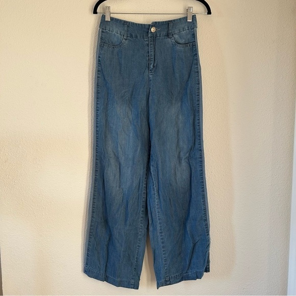 Coeur De Vague Pants - Coeur De Vague Blue Chambray Side Stripe Wide Leg Pants Women Medium